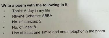 Gwendolyn brooks' famous short poem 'we real cool' is written entirely in couplets: Topic A Day In My Life Rhyme Scheme Abbano Of Stanzas 2 No Of Lines 8 Use At Least One Simile Brainly In