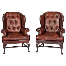 Pair Of Early 20th Century Brass Tacked Tufted Leather High Back Wing Chairs Tufted Leather Leather Wingback Chair Wing Chair