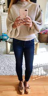 Winter Outfits Brown Turtle Neck Sweater Blue Denim Fitted Jeans And Pair Of Brown Suede Boat Shoes Casual Winter Outfits Boating Outfit Boat Shoes Outfit