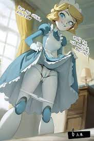 smewed, emmy (emmy the robot), emmy the robot, commentary, english  commentary, highres, 1girl, :d, android, blue dress, blue eyes, blush  stickers, bow, bow panties, brown hair, cleft of venus, clothes lift,  curtains,