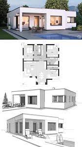 fertighaus bungalow modern im bauhausstil mit flachdach 3 zimmer grundriss quadratisc plans de maison bungalow plan maison moderne maison architecte moderne