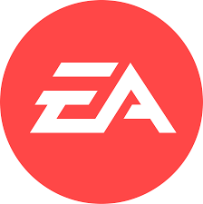 A red circle with white text reading EA