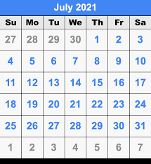 Yearly calendar showing months for the year 2021. July 2021 Calendar