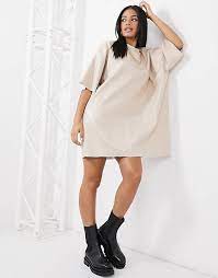 Asos Design Oversized Leather Look T Shirt Dress In Cream Asos