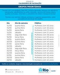 O rio de janeiro iniciou a inoculação em massa da população adulta da ilha de paquetá, na baía de guanabara, uma pesquisa coordenada pela fundação oswaldo cruz (fiocruz), vinculada ao. Covid 19 Novo Calendario De Vacinacao Para Os Grupos Prioritarios Confira As Datas Prefeitura Da Cidade Do Rio De Janeiro Prefeitura Rio