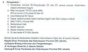 Sebab di sini mamikos akan memberikan kamu sebuah informasi menarik dan bermanfaat seputar pendaftaran sekolah ikatan dinas gratis dari setelah kamu menyimak apa saja kelebihan dari sekolah ikatan dinas seperti yang sudah mamikos lampirkan di atas, maka kini saatnya kamu. Lowongan Kerja Dinas Pariwisata Dan Kebudayaan Dki Jakarta Tingkat Sma Desember 2018 Bursa Kerja Cpns Dan Bumn 2021