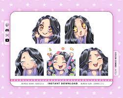 Twitch Emotes Chibi Girl Black Hair Brown Eyes Bundle Etsy In 2021 Girls With Black Hair Chibi Chibi Girl