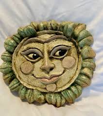 Dane Burr Pottery Smiling Sunny Face With Leaf Border Art Wall Plaque Signed