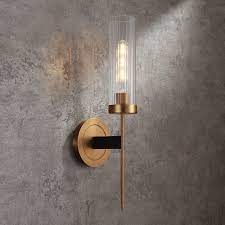 Modern Minimalist 1 Light Cylinder Clear Ribbed Glass Shade Wall Sconces In Gold Black Gold Wall Lights Wall Sconces Wall Lights