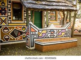 African house with rondavel in the countryside amid green fields and surrounded by trees, swaziland, africa, panoramic landscape view, swaziland, africa. Roundavel Ethnic Ndebele Painting Style South Stock Photo Edit Now 403450606