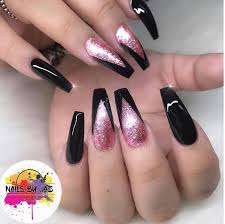 Acrylic Hot Pink And Black Nail Designs Black And Rose Glitter Coffin Nails Pink Black Nails Gorgeous Nails Nail Designs