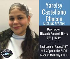 Missing Person On August 19th, Yarelsy went to take the garbage out and did  not return home. Yaresly may be suffering from depression and does not have  a phone. If you know