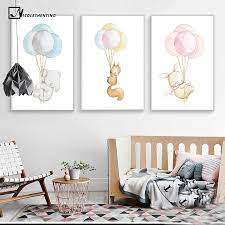 Watercolor Animal Elephant Rabbit Fox Balloons Canvas Print Wall Art Painting Baby Room Kind Schilderij Kinderkamer Decoratie Babykamer Decoratie