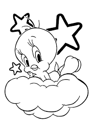 The name tweety is a play on words, as it originally meant sweetie, along with tweet being a typical english onomatopoeia for the sounds of birds. Tweety Bird On Cloud Coloring Pages For Kids Printable Free Bird Coloring Pages Disney Coloring Pages Stitch Coloring Pages