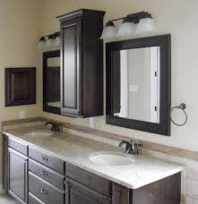 Bathroom Ideas Black Stained Wood Vanity Cabinet With White Marble Counter Top And Double Sink A Bathroom Vanity Storage Bathroom Mirror Wall Storage Cabinets