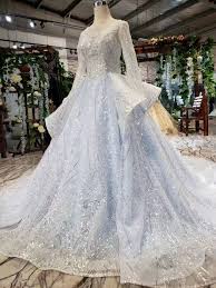Light Blue Lace Middle Wasit Beads Long Tail Wedding Dress Wedding Dresses High Neck Wedding Dress Dresses