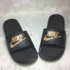 Black And Gold Nike Slides Womens Nike Slides With Gold Bling Crystals Nike Slippers Sandals By Sparkleboutique2u Glitter Nike Shoes Nike Slippers Nike Slides