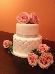 Fondant Tufted Two Tier Cake With Peach Roses Wedding Cakes Wedding Cake Fondant Flowers Fondant Wedding Cakes Wedding Cake Designs Simple