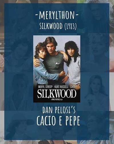 MERYLTHON MOVIE #5: 1983's Silkwood starring Meryl, Cher, and Kurt Russell  is based on the true story of Karen Silkwood - a worker in a plutonium  production in plant in the 1970s