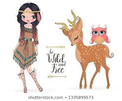 Little native american cartoon characters. Hand Drawn Beautiful Cute Tribal Indian Girl With Little Deer And Owl Vector Illustration Cute Drawings Disney Cartoon Characters Deer Illustration