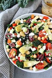 Mediterranean Kale Salad With Chickpeas Tomatoes Cucumber Red Pepper Artichoke Hearts Olives Feta Che Kale Salad Recipes Healthy Eating Recipes Eat Salad