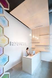 A 17 Foot Birchwood Screen Greets You At The Floathouse In Vancouver Office Interiors Lobby Design Reception Desk Design