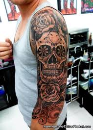 Https Www Askideas Com Media 34 Black Ink Dia De Los Muertos Skull With Roses Tattoo On Left Half Sleeve Skull Sleeve Tattoos Skull Sleeve Candy Skull Tattoo