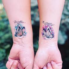 Watercolor Butterflies Wrist Tattoos Daughter Tattoos Triangles Pink Blue Tattoos For Daughters Mom Daughter Tattoos Mommy Daughter Tattoos