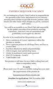 Pastry chef cover letter this ppt file includes useful materials for writing cover letter such as cover letter samples, cover letter writing tips and other . A Vacancy Exists For A Pastry Chef Cook Coco Palm In St Lucia S Rodney Bay Village Facebook