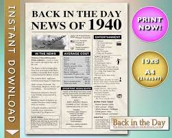 The Year You Were Born 1940 Celebration News Poster Back In Etsy Back In The Day Day Birthday Sign
