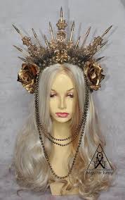 Two Sided Golden Goth Crown With Spikes And Roses Carnival Etsy Headpiece Jewelry Headpiece Gothic Crown