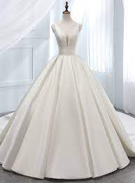 Deep keyhole back, finished with buttons at the zipper closure to the end of the train. Elegant White Ball Gown Satin V Neck Backless Wedding Dress White Ball Gowns Silk Wedding Dress Ballgown Backless Wedding Dress
