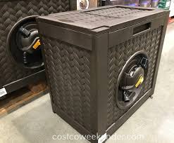 Designed with a center stem hose winder, an inlet port for water connection, and a stylish rustic design that brand name: Suncast Aquawinder Auto Rewind Hose Reel Costco Weekender