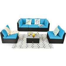 Our baltic birch wooden coffe table are custom made in denver, co and come with the option of gold or black aston legs. Patiojoy 6pcs Patio Rattan Furniture Set Cushioned Sofa Coffee Table Turquoise For Sale Online Ebay
