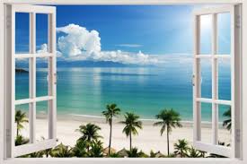 2017 3d Effet Fenetre Vue Plage Art Mer Autocollant Mural Poster Vinyle Idees Murales Peintures Murales De Papier Peint Autocollant Mural