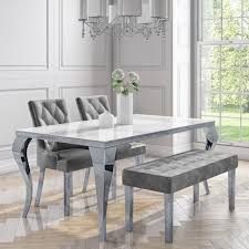Idfdesign offers a wide number of furniture products from the best brands. 4 Seater Dining Set With White Table 2 Grey Velvet Chairs And 1 Bench Jade Boutique Furniture123