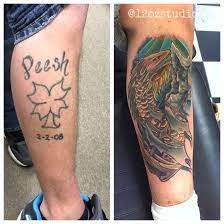 Amazing Before And After Cover Up Sea Serpent Clipper Ship Male Calf Tattoo By Chris Curtis Calf Tattoo Leg Tattoos Tattoos