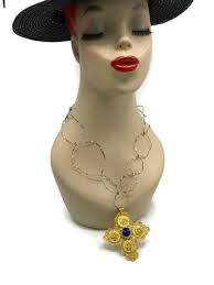 Vtg Unusual Abstract Chain Link Necklace With Coin Cross Blue Lucite Rivoli  Gemstone Filigree Pendant V35