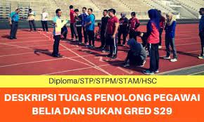 Gaji permulaan penolong pegawai belia dan sukan s29 ialah rm1,362.00 (minimum). Deskripsi Tugas Penolong Pegawai Belia Dan Sukan Gred S29 Spa