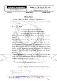 Mathematics Formula For Class Xii Probability