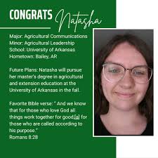 Natasha Hightower is graduating with her bachelor's in agricultural  communications with a minor in agricultural leadership from the University  of Arkansas. She is from Bailey, AR and plans to pursue her master's