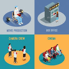 Cinema Movie 4 Isometric Icons Square With Images Cinema Box Isometric Cinema Movies