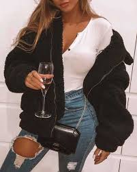 Stylish With Zips Asymmetrical Hems Overcoats Fluffy Jacket Outfit Faux Fur Coats Outfit Sherpa Jacket Outfit