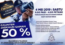 Jika ingin bayar saman polis trafik cuba gunakan applikasi rilek manalah tahu boleh dapat diskaun dan cara kedua ialah bayar saman polis trafik online di mana anda boleh menyelesaikan bayaran. Kaunter Diskaun Saman Sehingga 50 Sempena Program Jom Sambut Ramadan 2019 Jabatan Siasatan Penguatkuasaan Trafik Ipk Perak Akan Mengadakan Booth Kaunter Semakan Bayaran Saman Sempena Program Jom Sambut Ramadan 2019