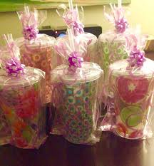 You don't need to do both at your shower, but most people do. Co Ed Baby Shower Prizes Cups Bags Bows And Plastic Filling From The Dollar Tree Plus 5 Baby Shower Game Gifts Baby Shower Prizes Baby Shower Game Prizes