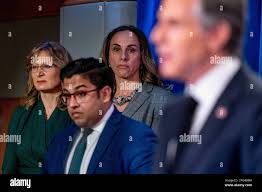 From left, Ambassador-at-Large for Global Criminal Justice Beth Van  Schaack, State Department interim spokesman Vedant Patel, Acting Assistant  Secretary, Bureau of Democracy, Human Rights, and Labor, and Coordinator  for Global Democratic Renewal