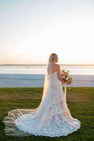 Blush Strapless Lace Wedding Gown Samantha And Eric S Glamorous Sunset Wedding At Belle Mer The Newport Bride Sunset Wedding Wedding Gowns Lace Bride