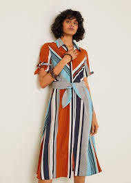 Col rond montant et manches longues avec manchettes. Mixed Striped Dress Women Mango Usa Womens Dresses Striped Dress Fashion