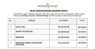 Maklumat iklan penawaran kerjaya ini adalah seperti tajuk di atas. Jawatan Kosong Terkini Sarawak Energy Pelbagai Kekosongan Jawatan Kerja Kosong Kerajaan Swasta