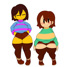 2girls adorable big breasts blush breasts brown hair chara  emotionless female female only frisk fully clothed huge breasts minishorts  mob face mochikirb red eyes short hair shorts shortstack size
